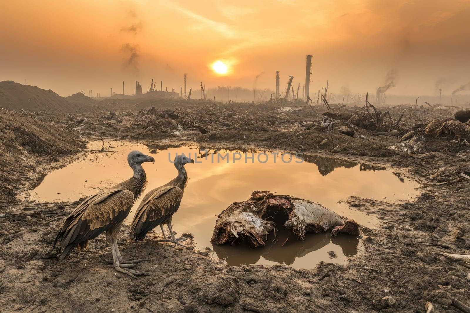 A haunting image of vultures gathering at dusk over a carcass in a desolate landscape, showcasing nature's harsh realities and the cycle of life.