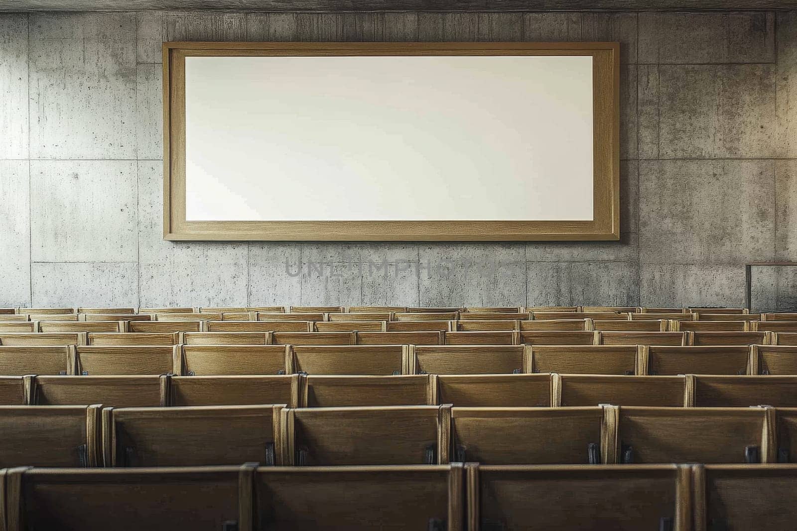 A spacious and empty conference hall featuring a blank billboard, perfect for showcasing advertisements or branding messages in a modern setting.