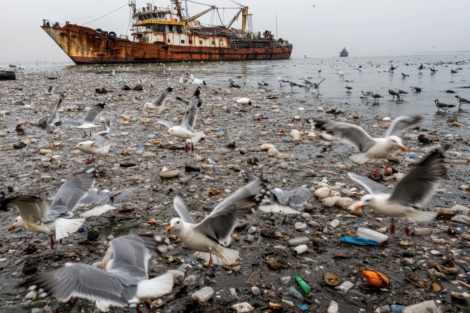 A chaotic scene of seagulls competing for food scraps amid marine debris and pollution, with a rusty fishing vessel in the background illustrating environmental challenges.