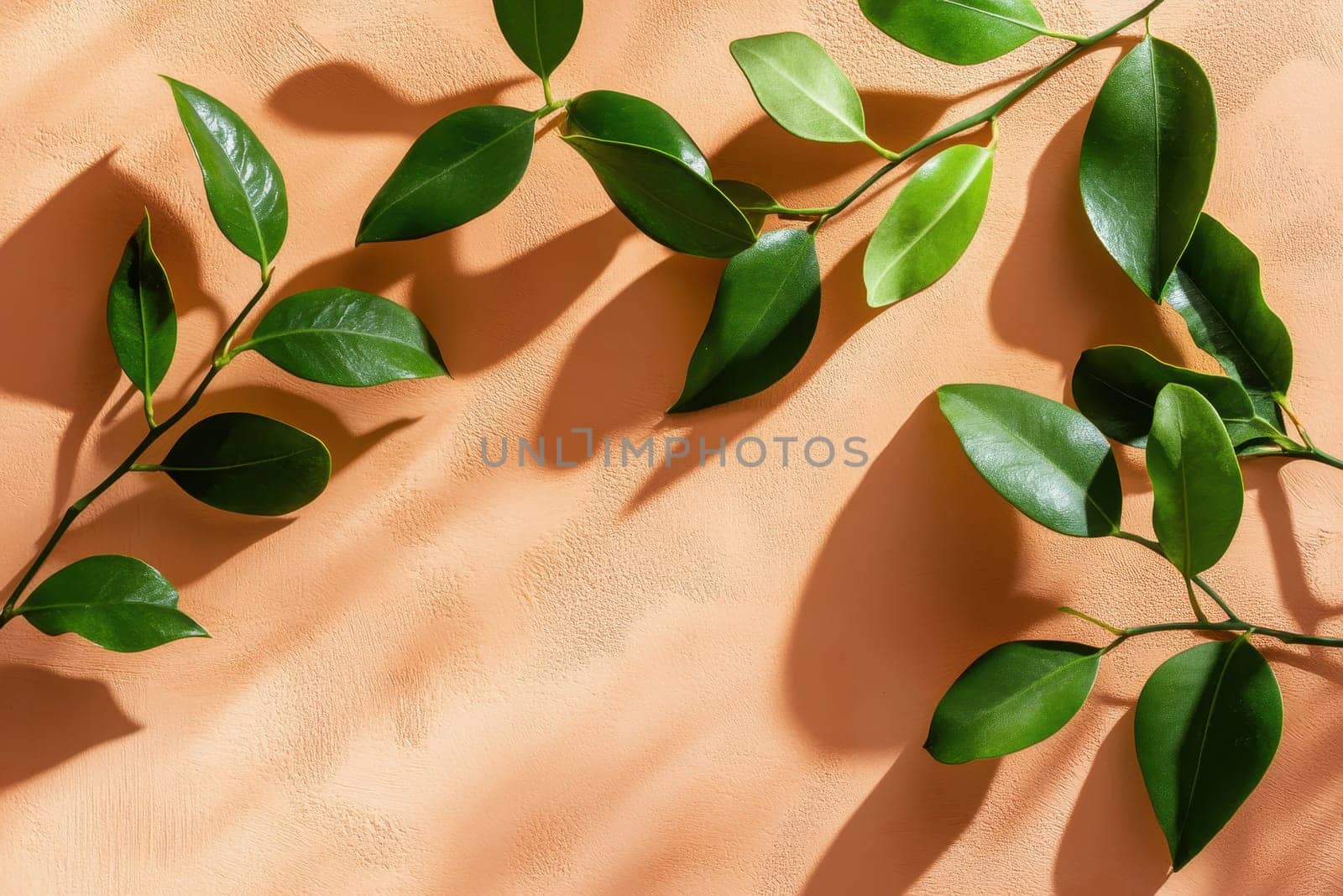 A dreamy sunlit background featuring overlapping soft green leaves casting gentle shadows. This peaceful composition invites a sense of tranquility and beauty.
