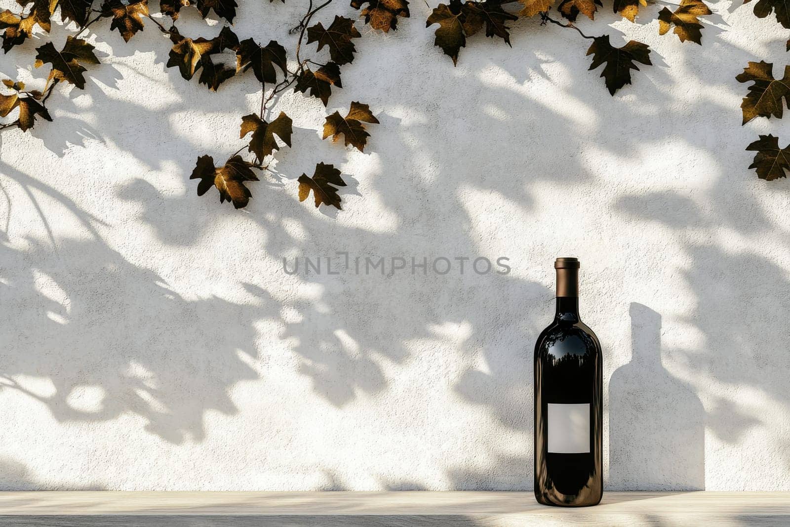 A refined wine bottle showcased on a neutral backdrop, casting elegant shadows from nearby leaves. Perfect for concepts of sophistication and taste.