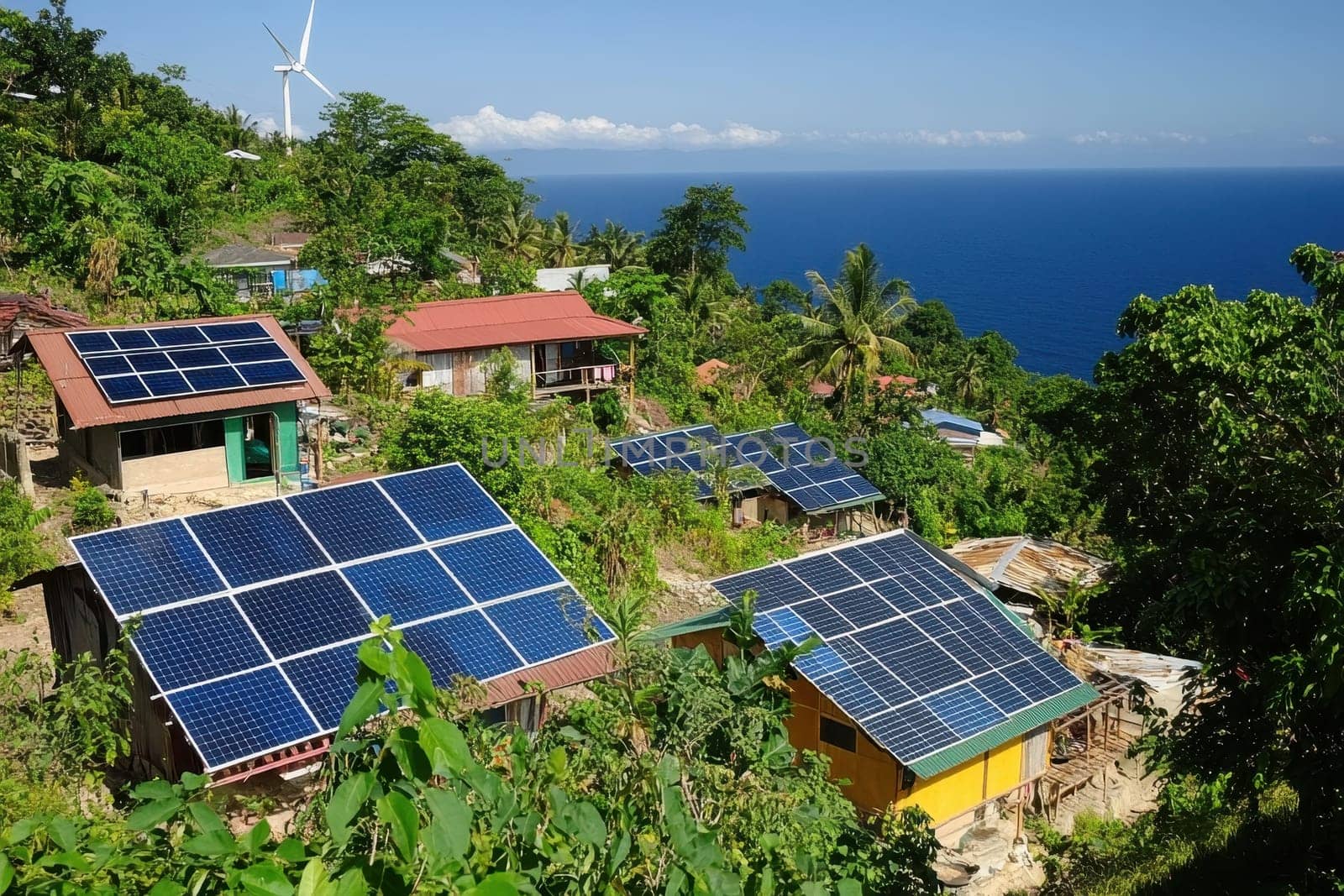 Discover a high-tech self-sustaining village on a remote island, featuring solar panels and eco-friendly homes surrounded by lush greenery and stunning ocean views.