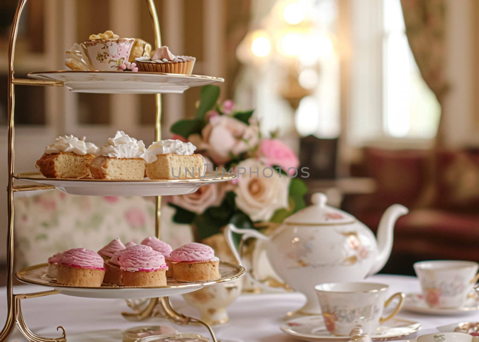 Elegant table setting for tea party with cakes and cupcakes in English manor. Selective focus. Vintage style