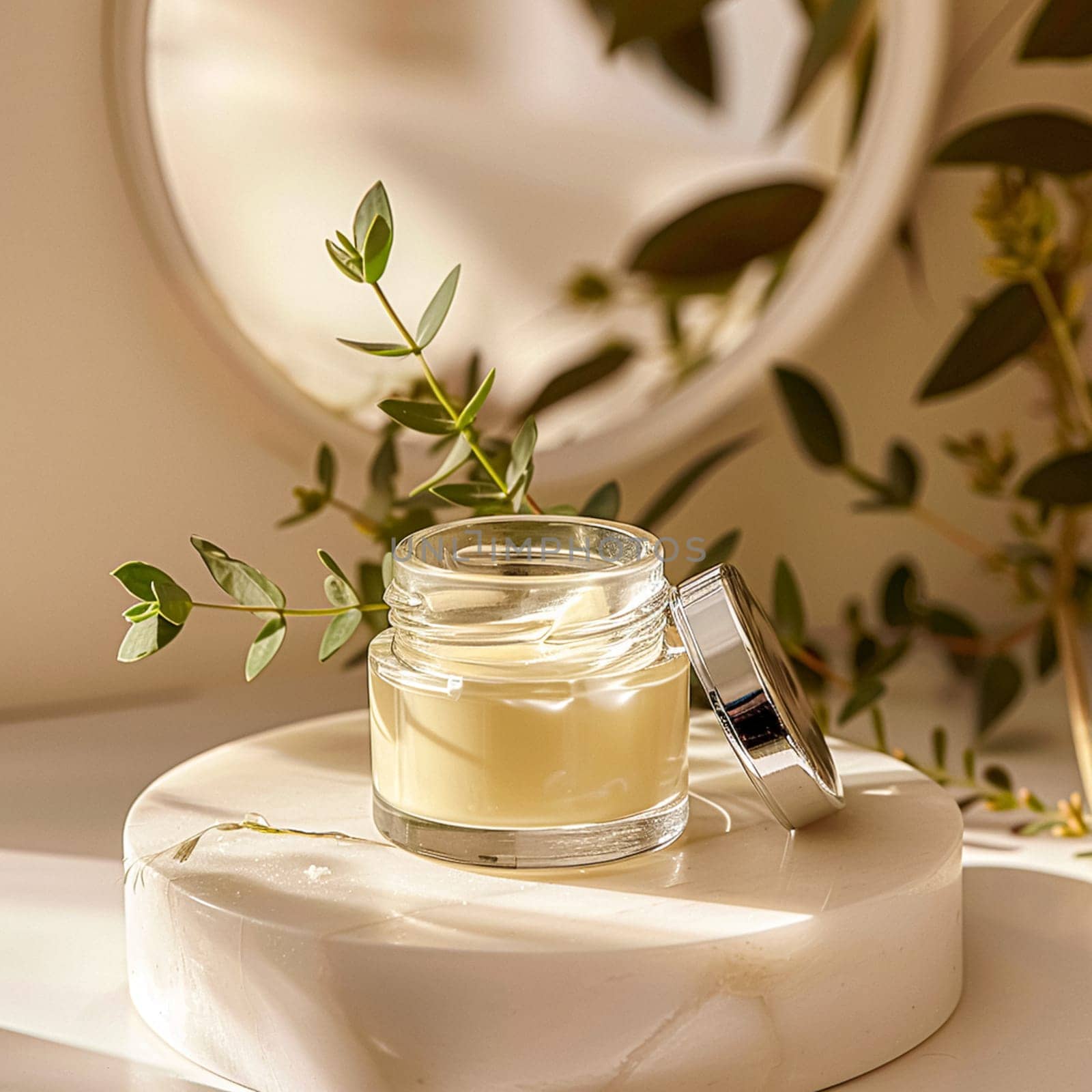 Cosmetic cream in a glass jar. Skin care concept. Background for beauty products