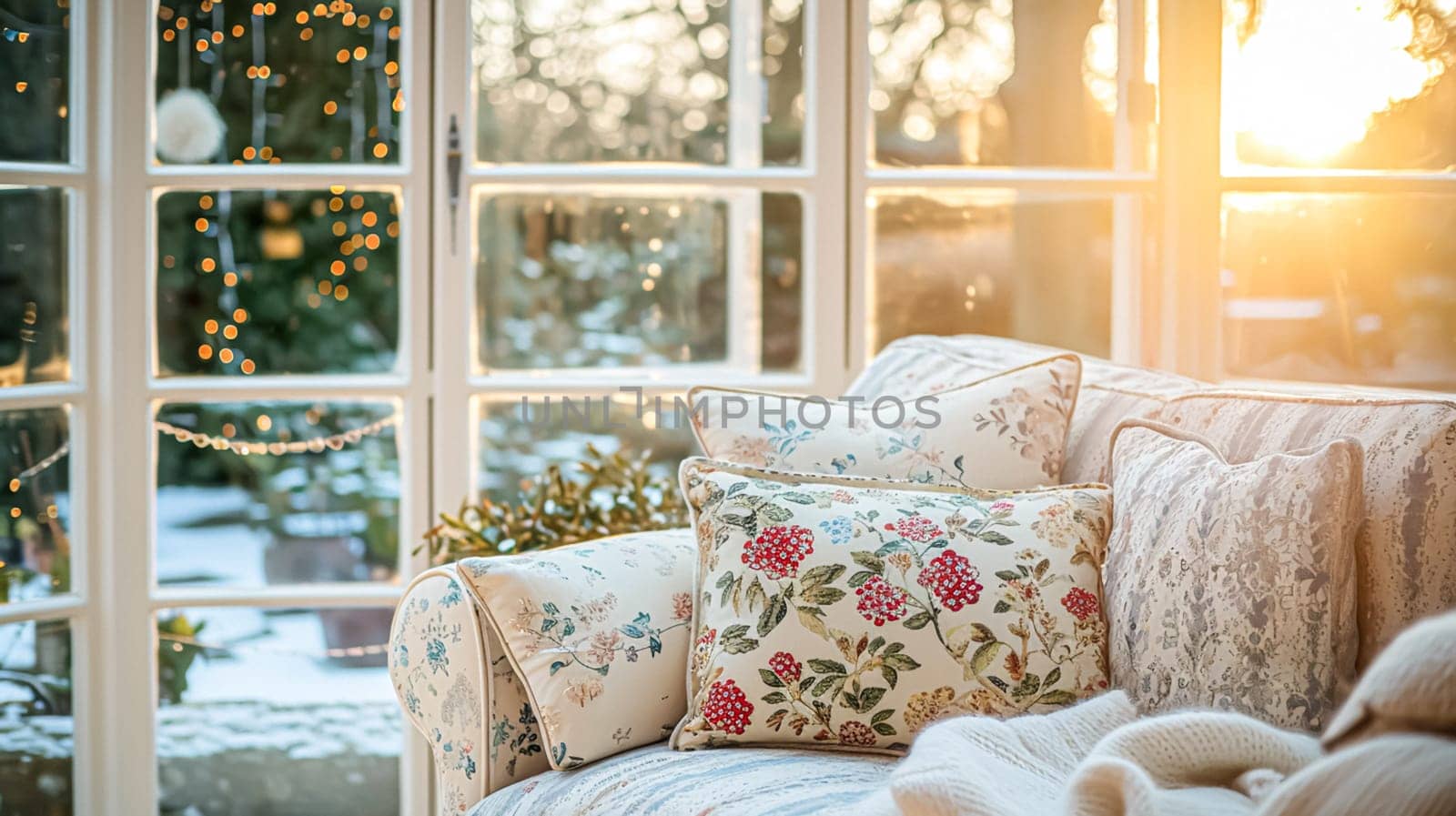 Colorful pillows on sofa against glass wall of window in a winter garden or conservatory. Interior textile concept. High quality photo