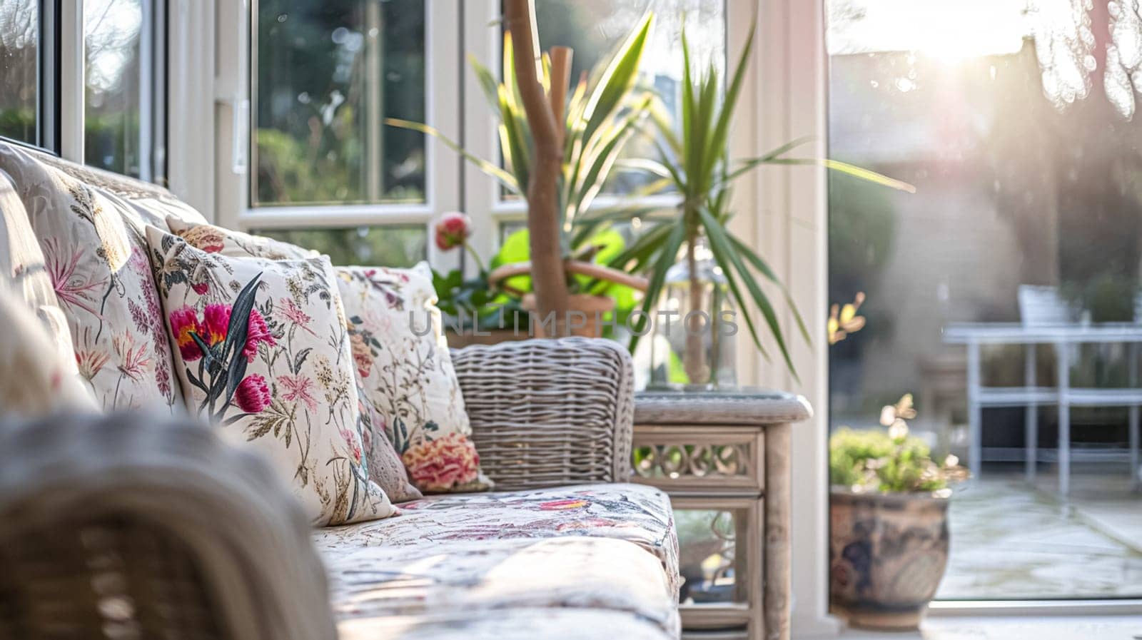 Colorful pillows on sofa against glass wall of window in a winter garden or conservatory. Interior textile concept. High quality photo