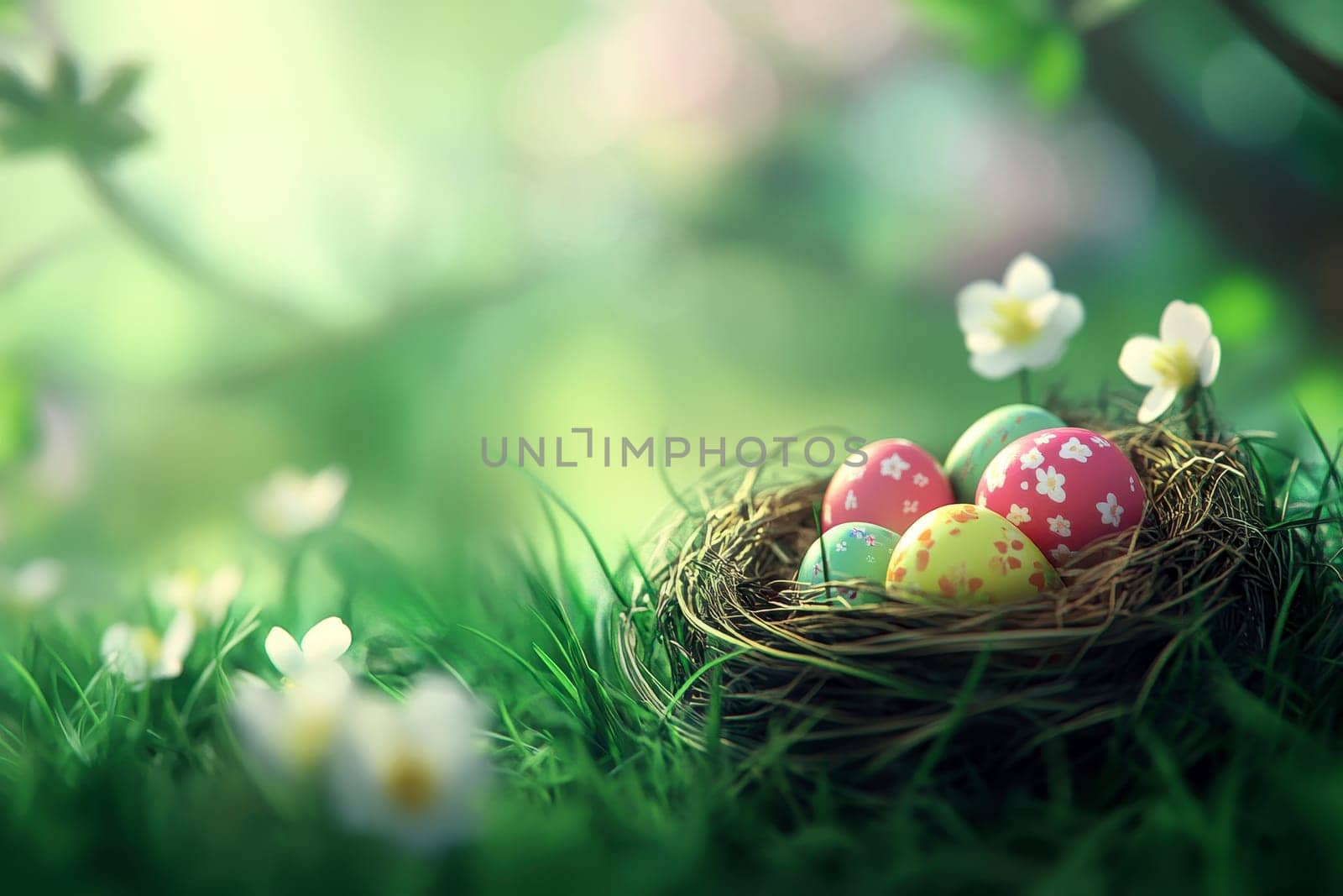 a nest of colorful easter eggs in meadow. Picture for holiday, happy easeter concept. generative AI..