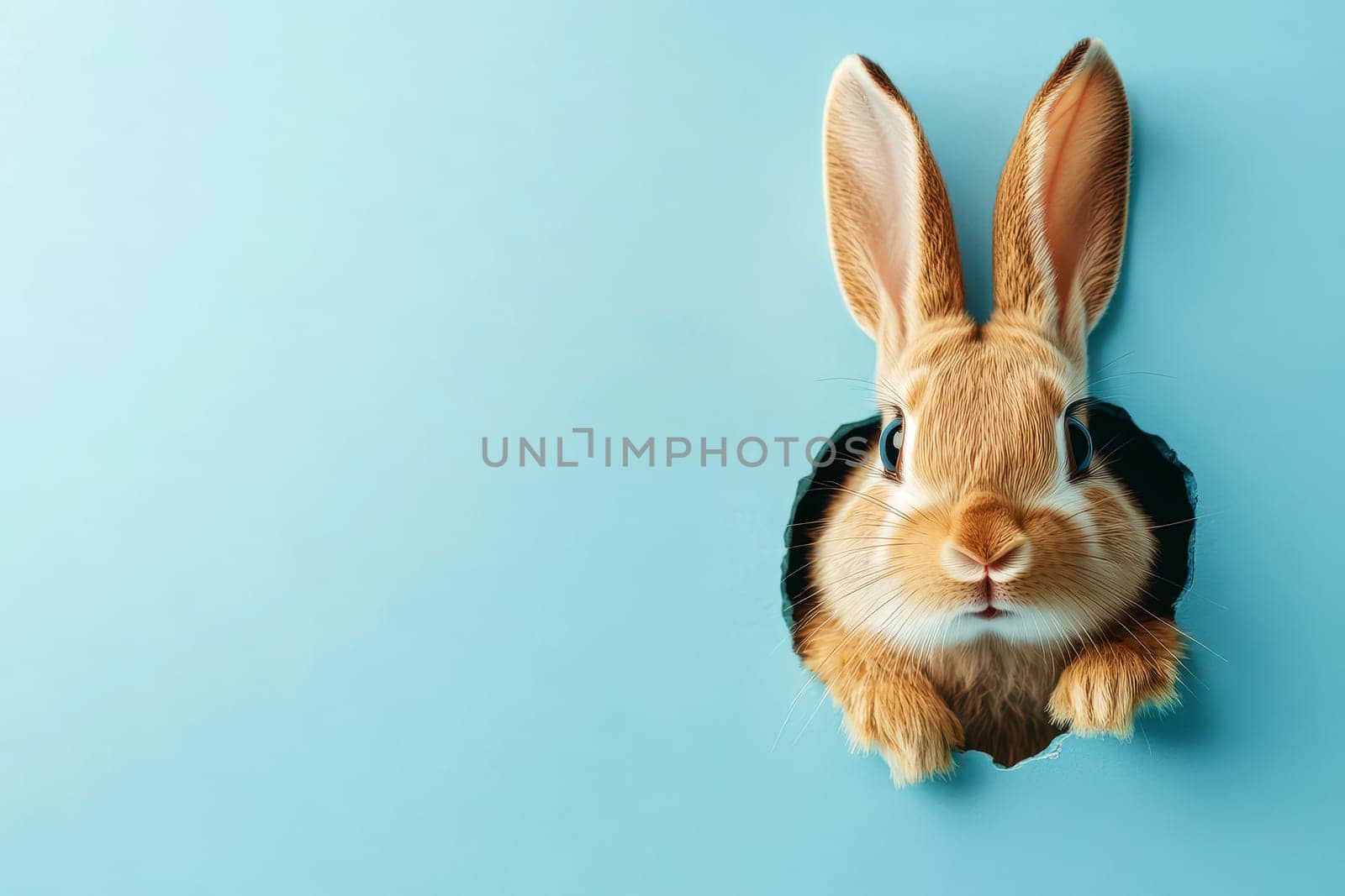 Cute Easter Bunny Peaking Curiously Through Hole on isolated Background, Spring Holidays Fun..