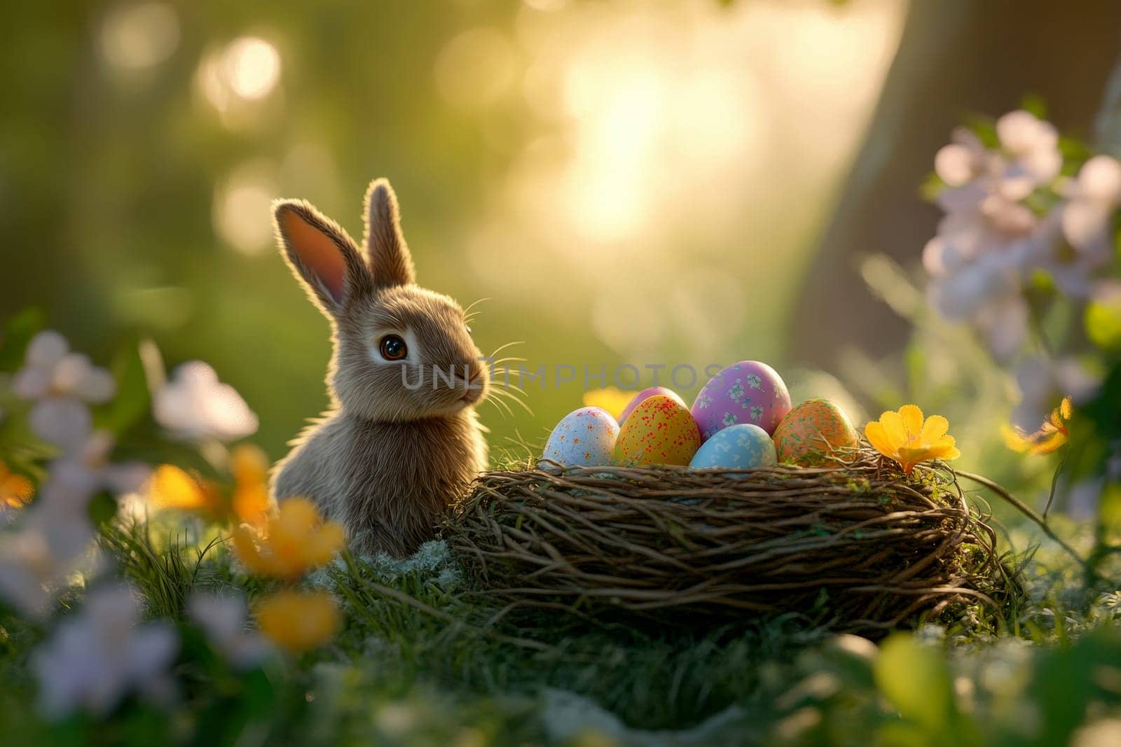 A cute bunny sitting in a nest with colorful Easter eggs, illuminated by soft bokeh lights in a lush green setting, perfect for a joyful Easter celebration..