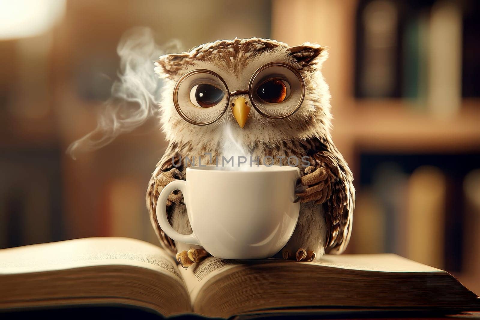 A wise owl wearing glasses with coffee and sitting on an open book background, symbolizing knowledge and wisdom..