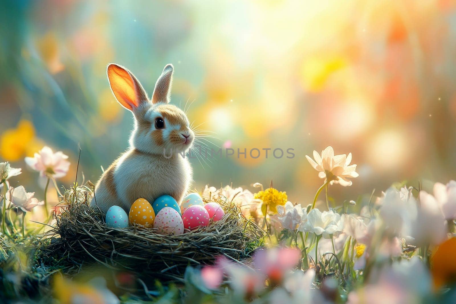 A cute bunny sitting in a nest with colorful Easter eggs, illuminated by soft bokeh lights in a lush green setting, perfect for a joyful Easter celebration..
