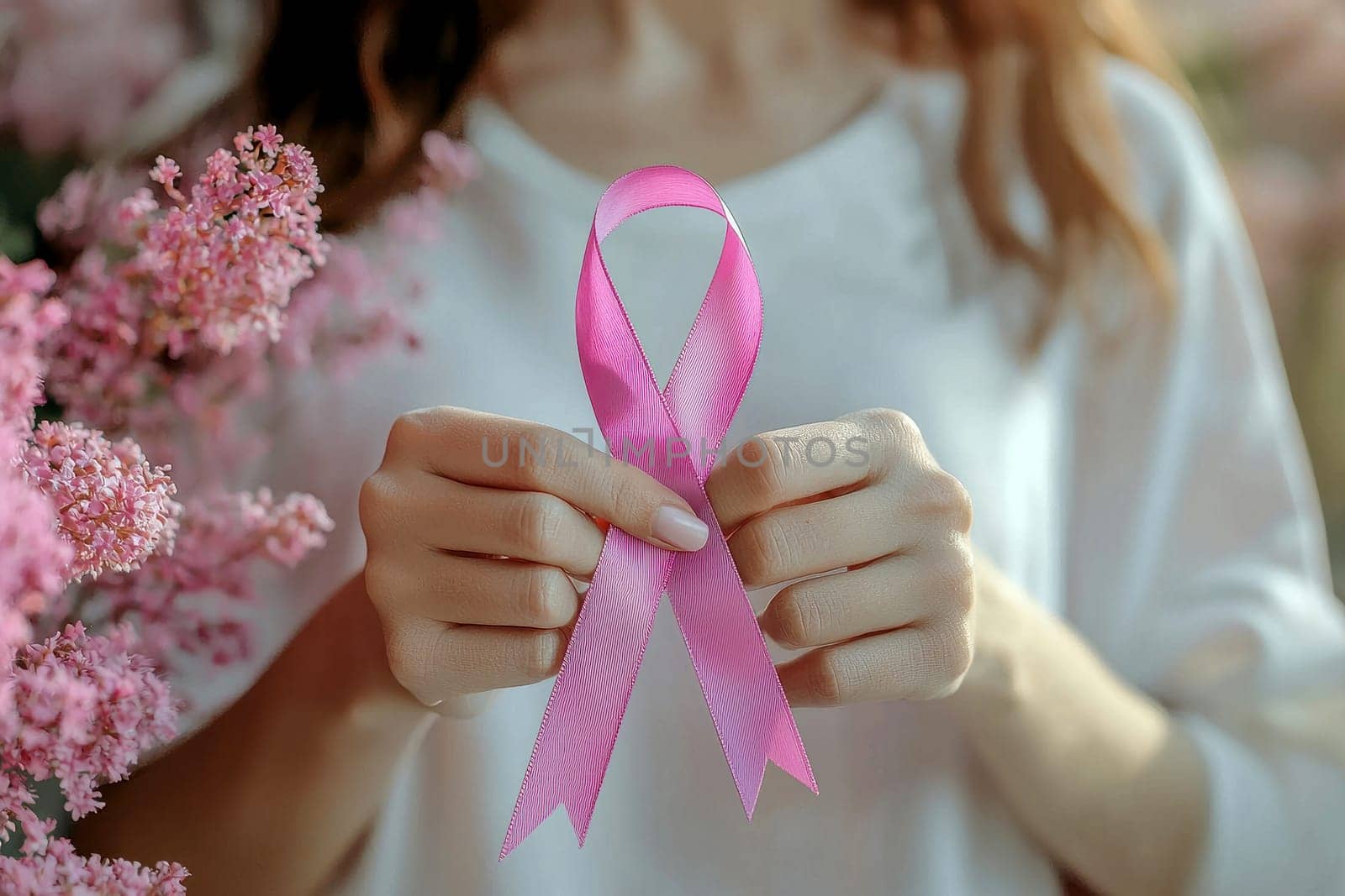 Woman hand gently holding a pink ribbon over her chest to signify breast cancer awareness.