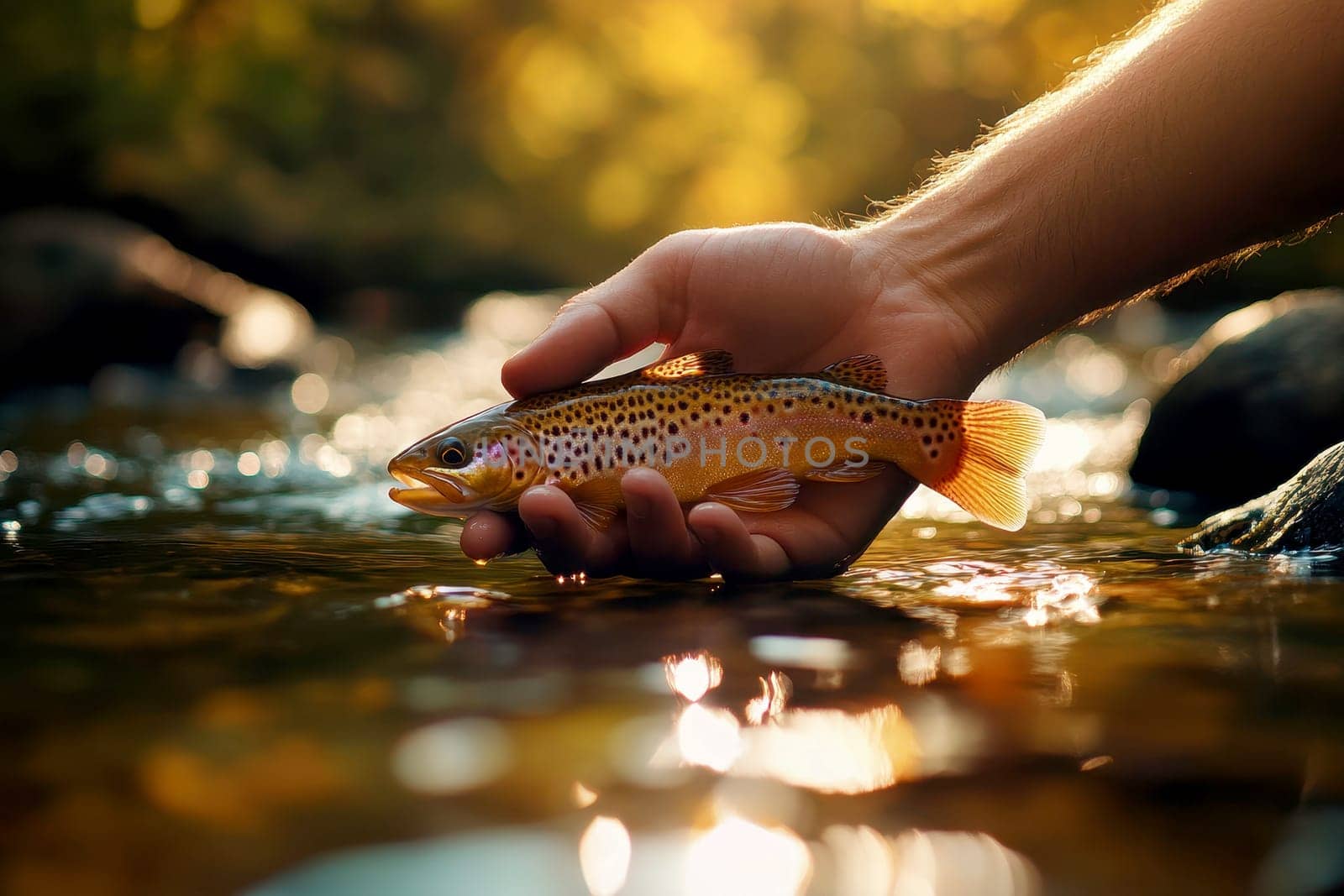 Close-up of a hand releasing a fish into the water..