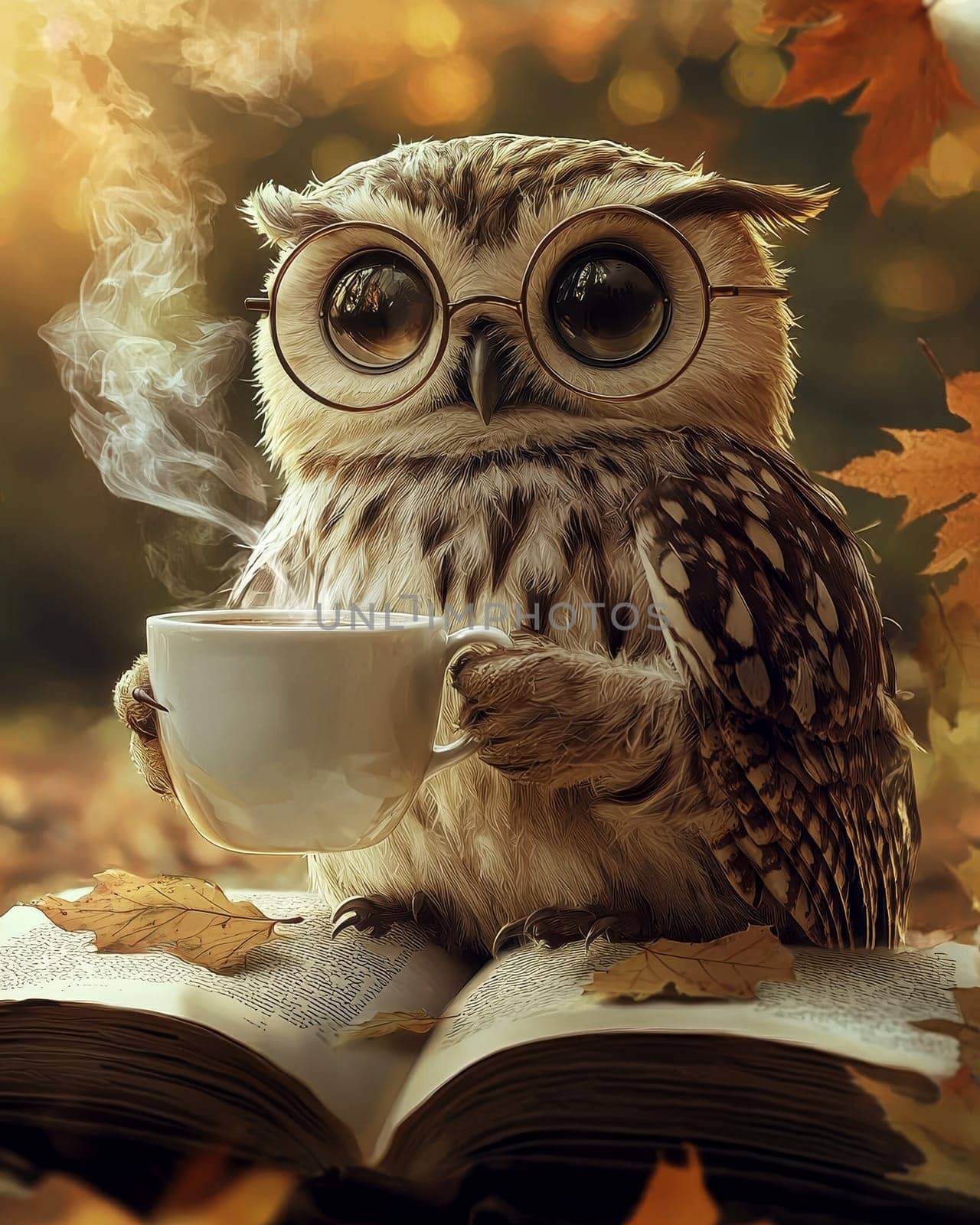 A wise owl wearing glasses with coffee and sitting on an open book background, symbolizing knowledge and wisdom..