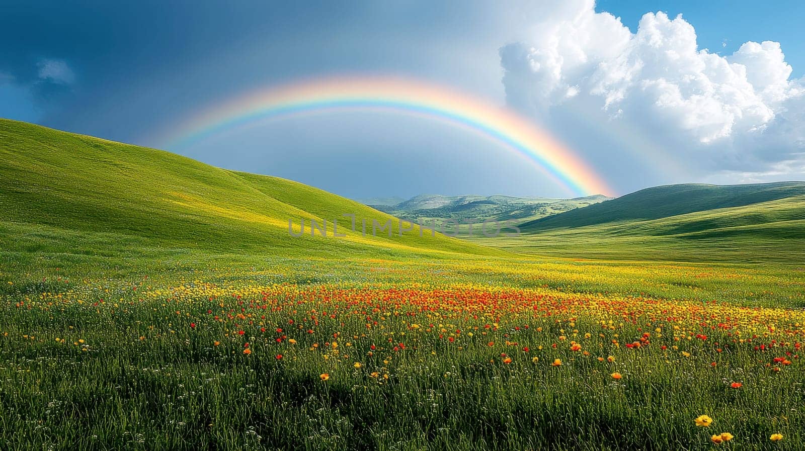 idyllic landscape of green heels, blue sky, rainbow and sun..