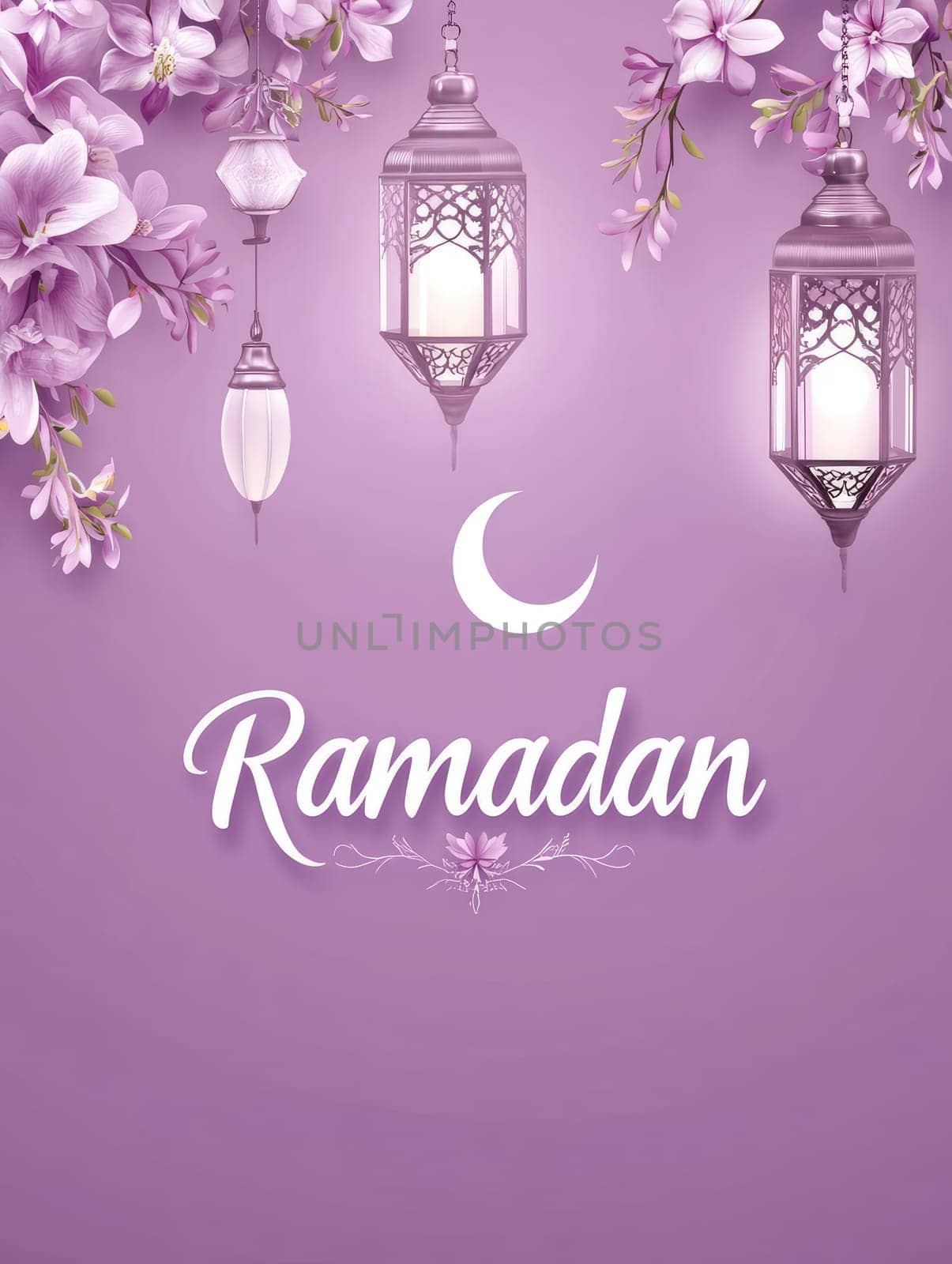 Elegant Ramadan celebration with lanterns and floral arrangement on soft lavender background.