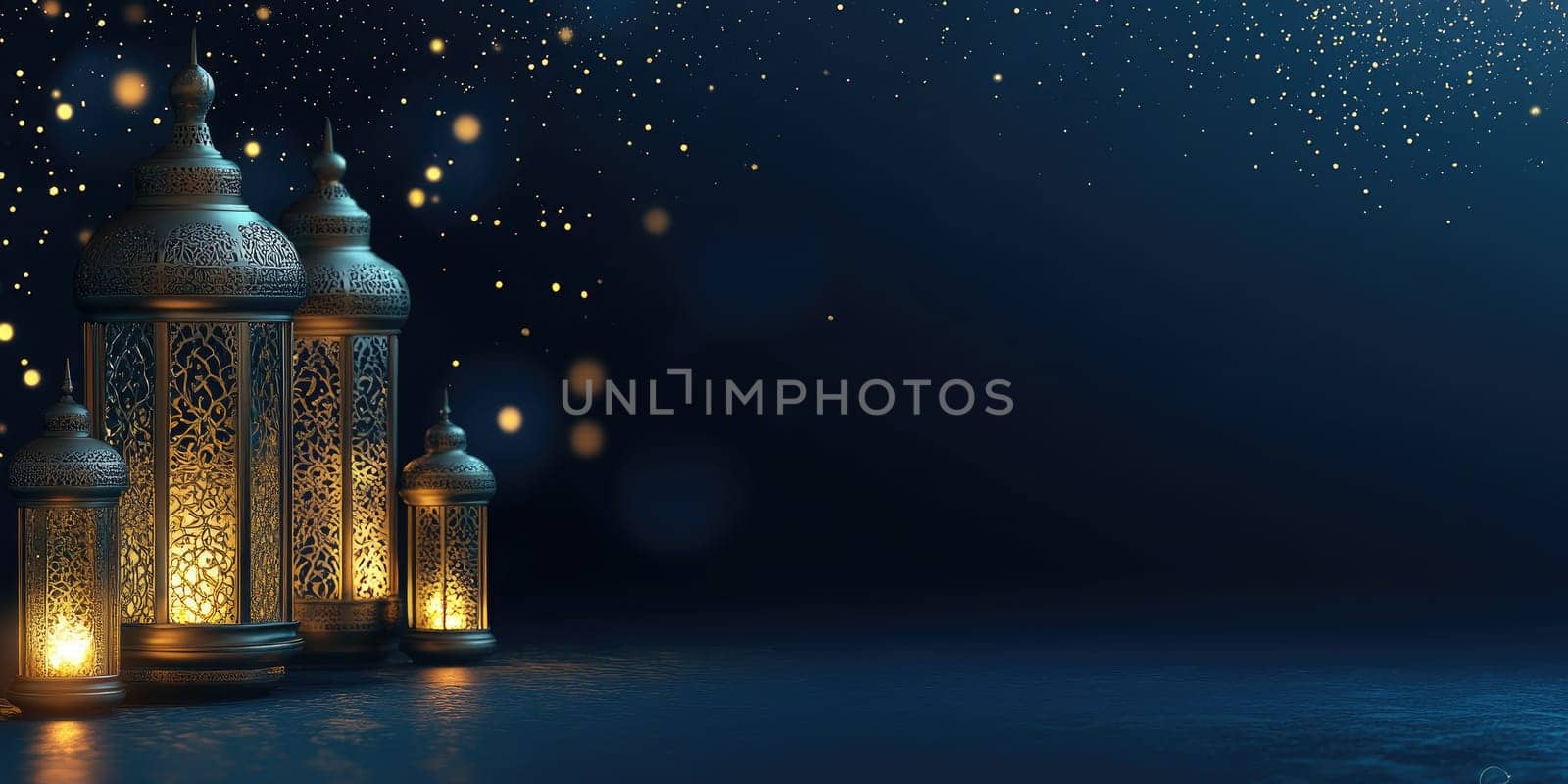 Elegant lanterns under starry night sky with soft gradient background for festive decor.