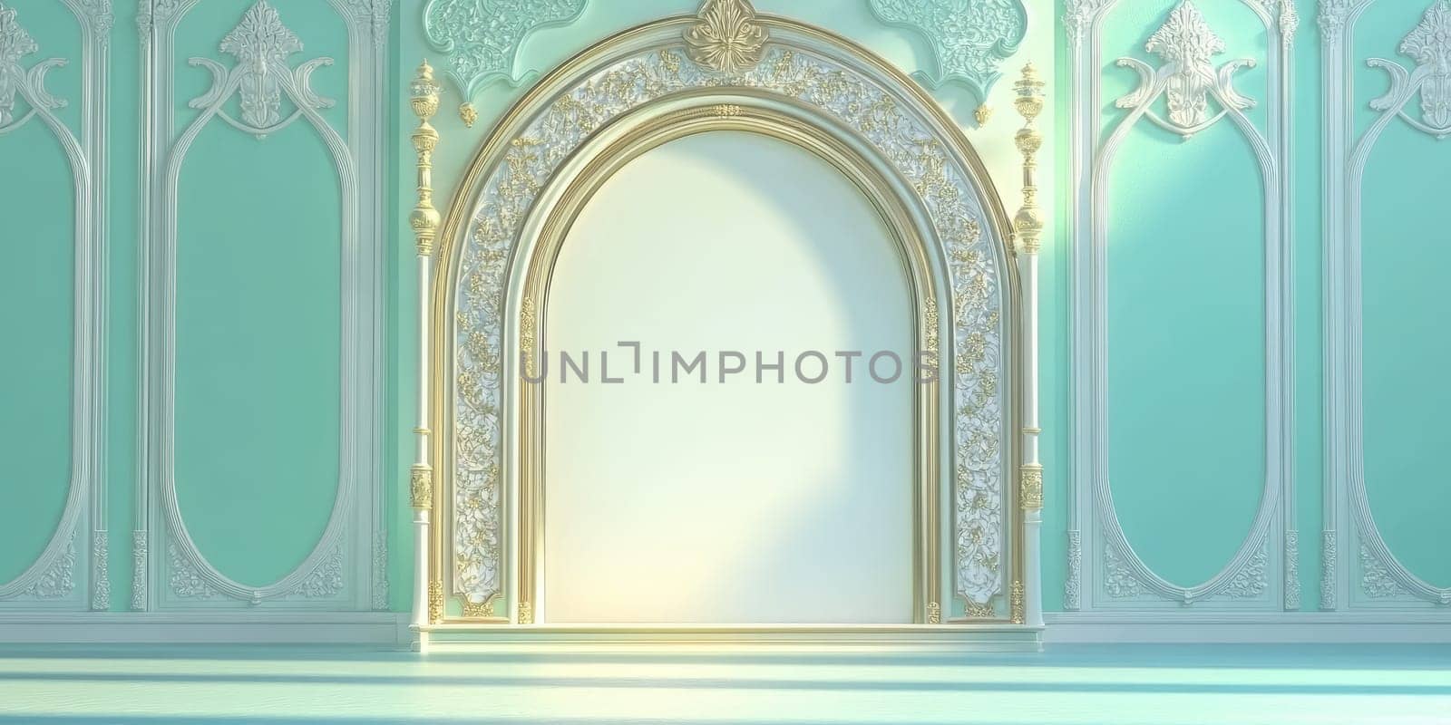 Elegant pastel green interior with ornate arch for classic design themes.