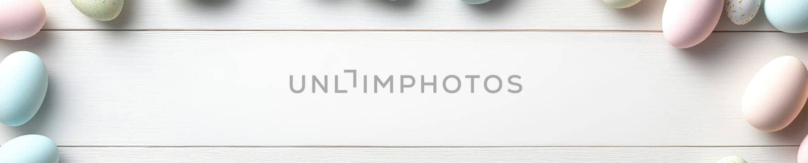 Pastel colored Easter eggs on white wooden background. Festive holiday design for greeting cards and decoration.