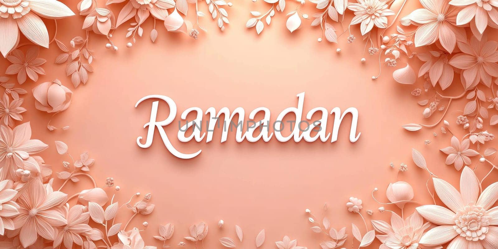 Ramadan celebration with modern artistic design on pastel peach background.