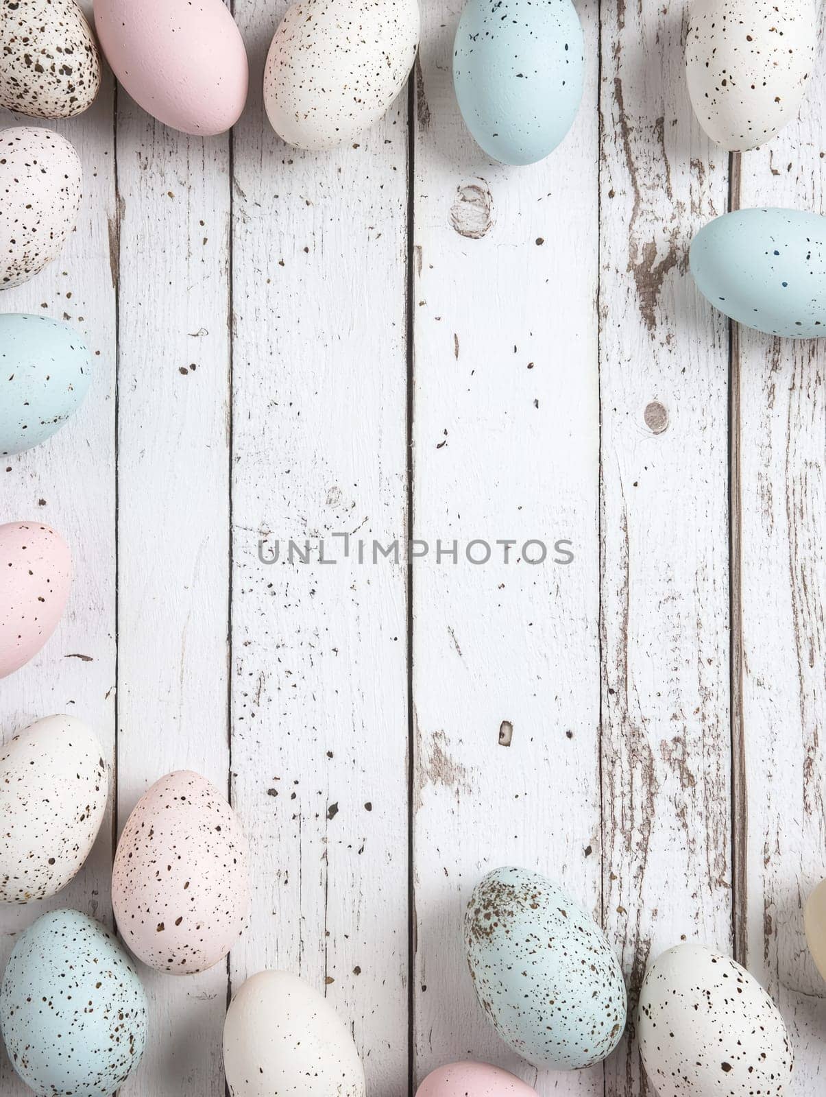 Pastel Easter eggs on rustic white wooden background.