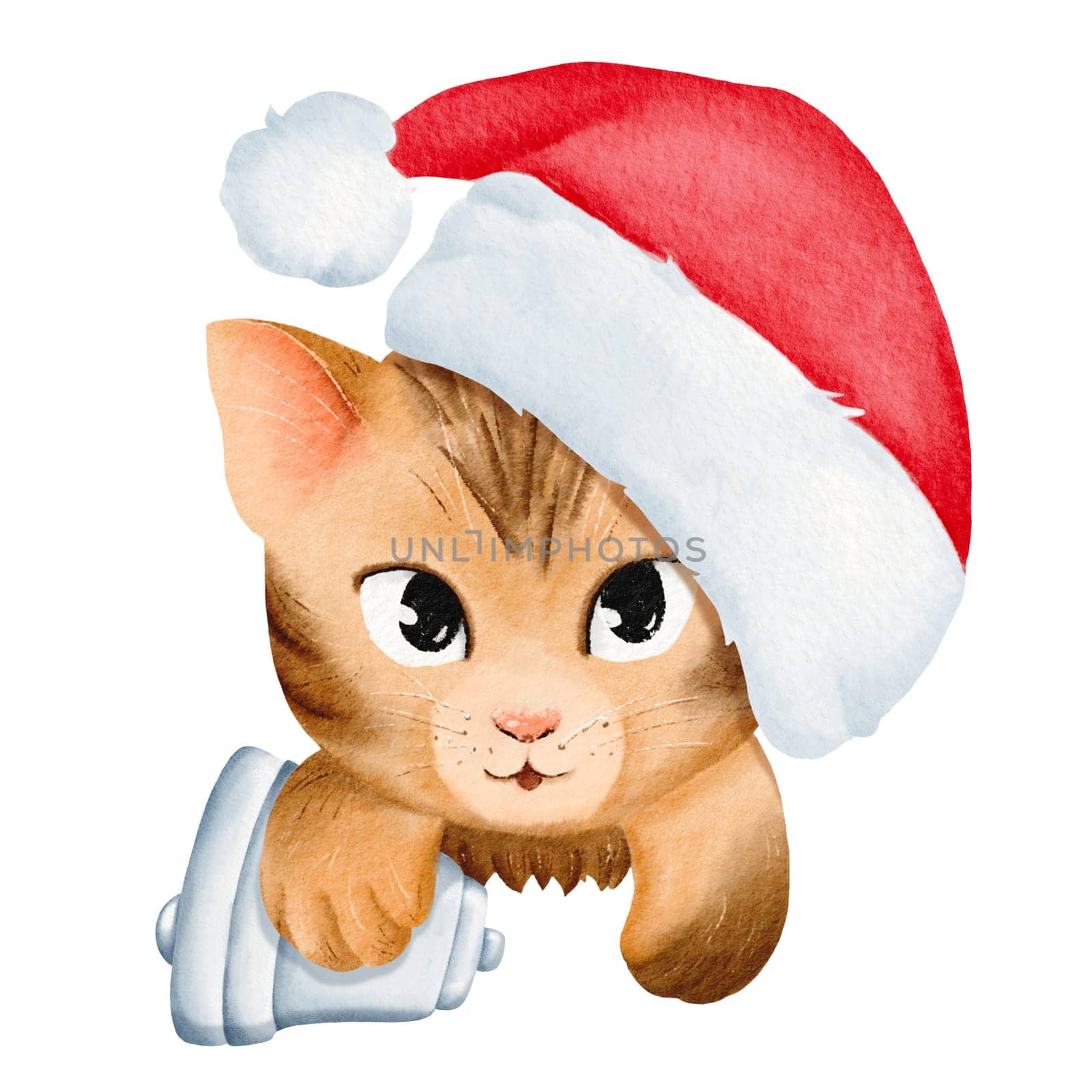 Adorable striped kitten in a Santa hat holds a Christmas bell. Cartoon portrait of a cat exudes a festive new year mood. Ideal for cards, invites, posters, stickers. Watercolor illustration.