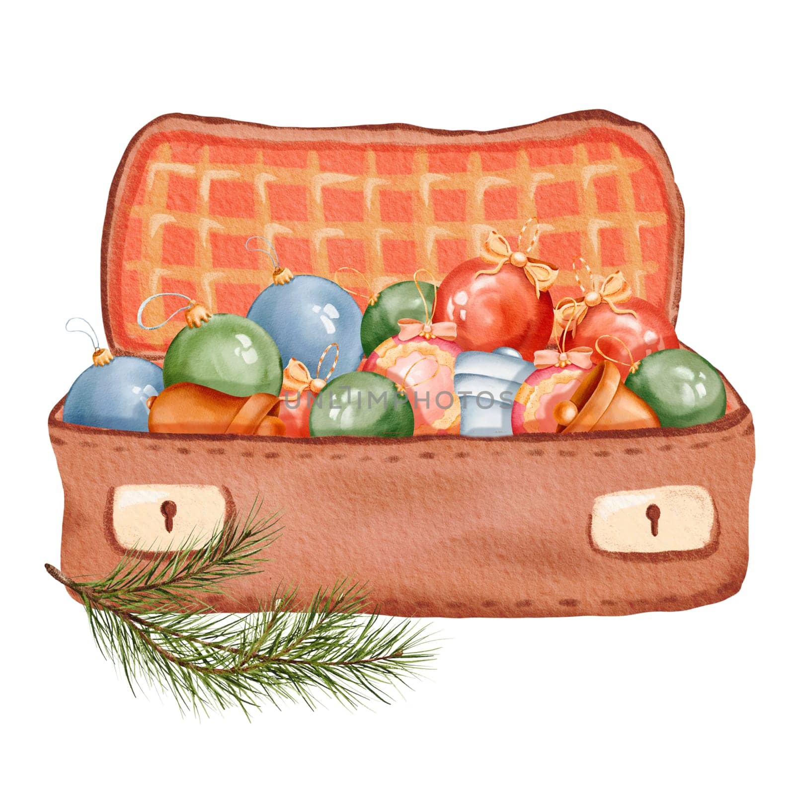 Christmas scene. cozy suitcase filled with holiday ornaments. Colorful baubles, delicate bells. A new year tree branch. For cards, invites, posters, stickers. Watercolor illustration by Art_Mari_Ka