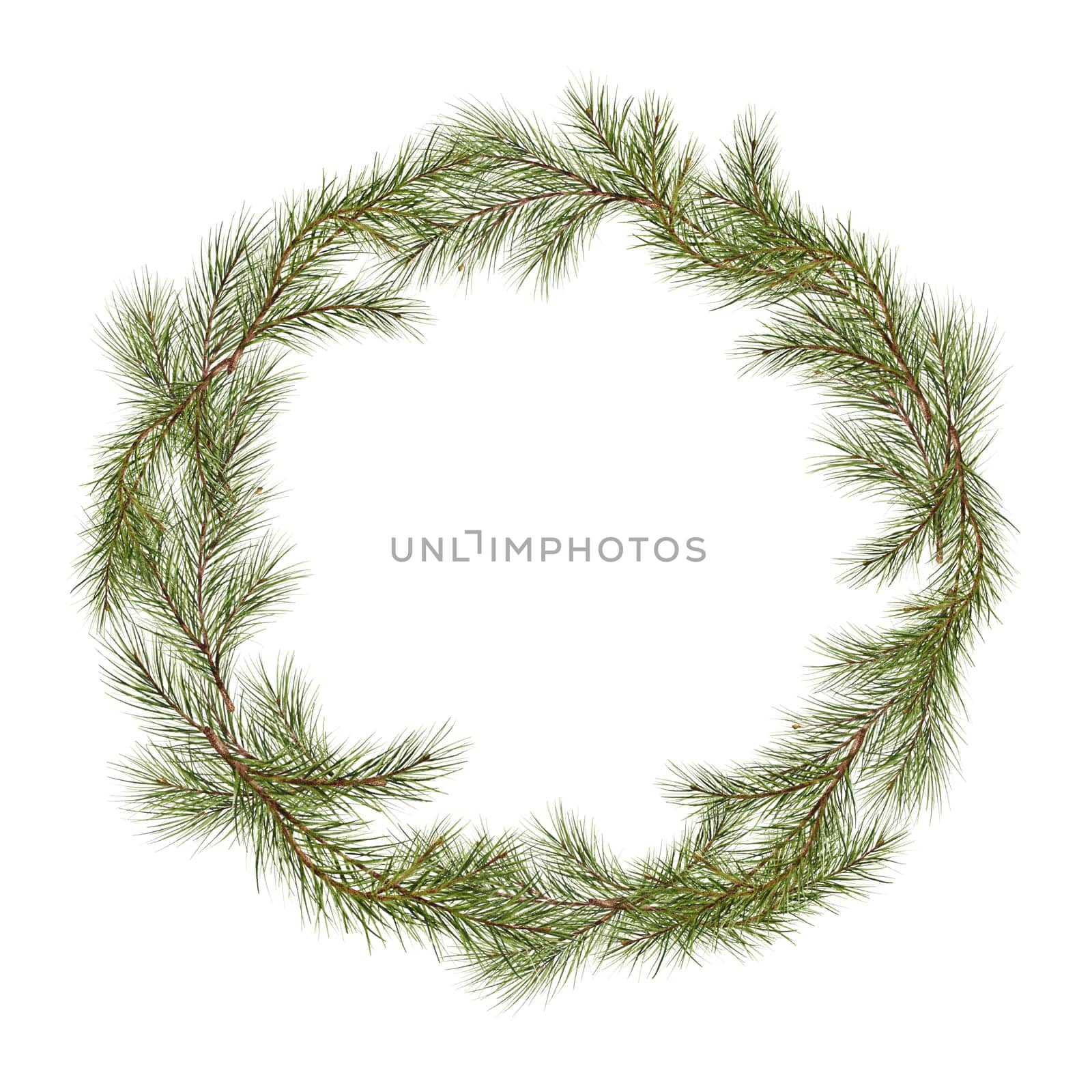 Basic Christmas wreath crafted from pine boughs. Circular frame with space for text. Evergreen for the festive tone. Template for holiday cards, invites, and more. Watercolor digital illustration by Art_Mari_Ka