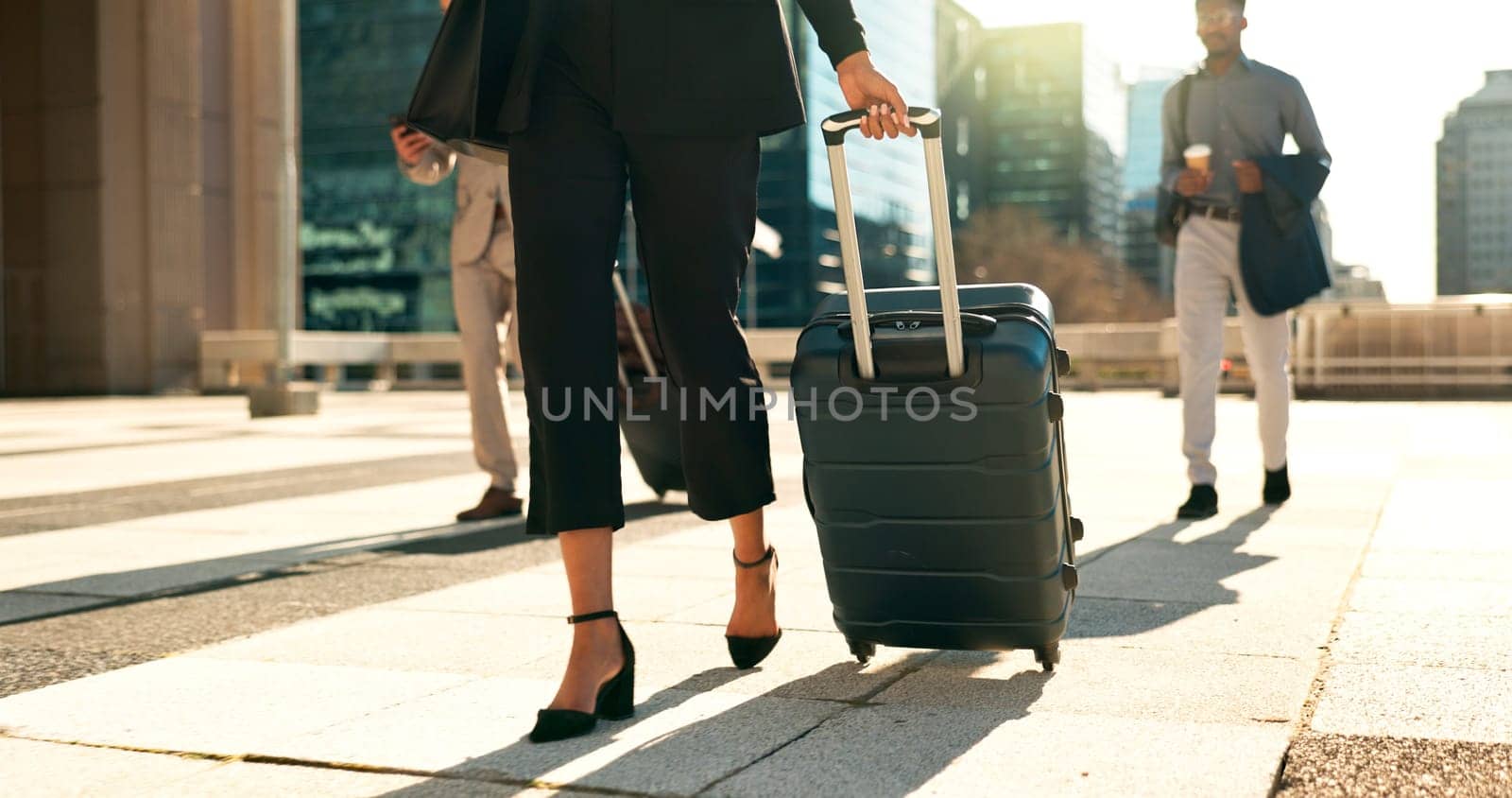 Man, woman and travel with work for corporate, professional and airport with luggage to plane. Formal, career and executives with luxury in first class and visa, booking and by YuriArcurs