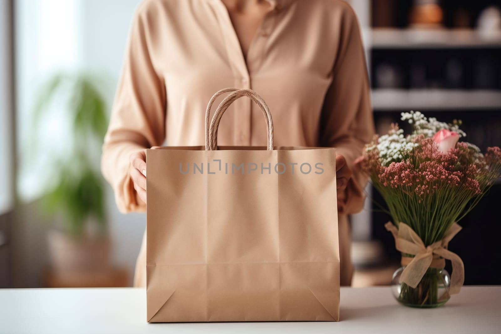 A craft paper bag without inscriptions or logos on the table. Silhouette of a woman behind a package. Shopping concept by Vovmar