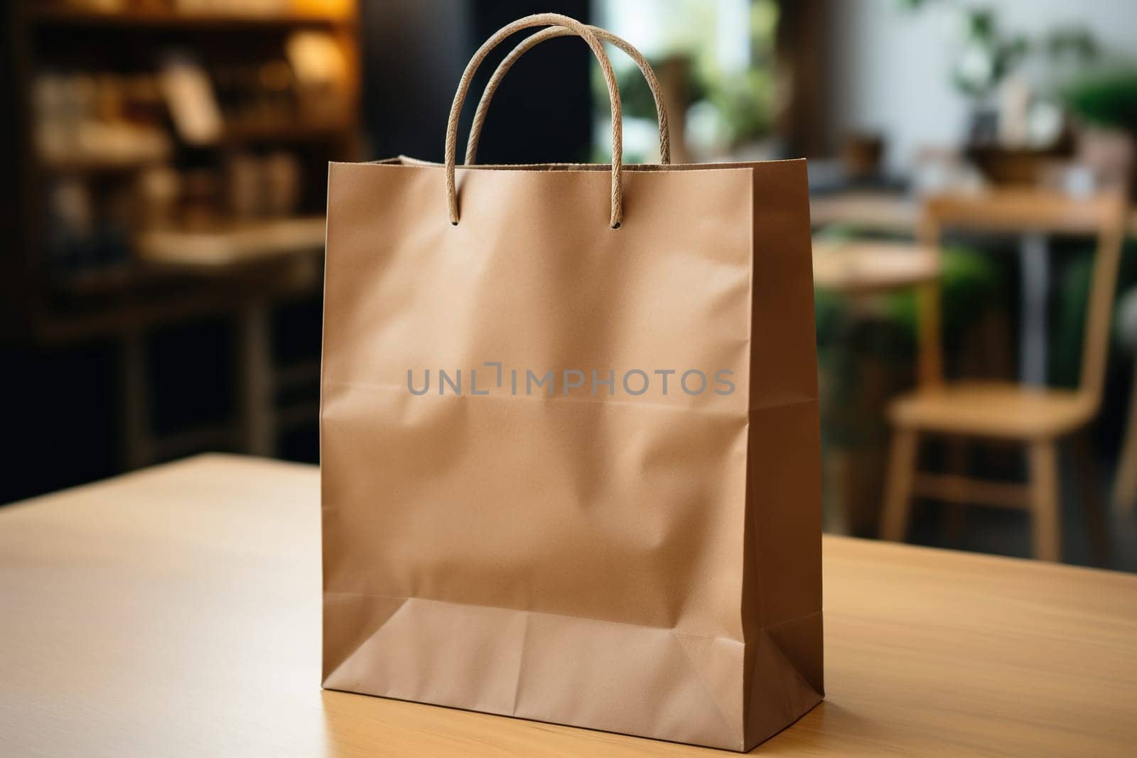 A craft paper bag without inscriptions or logos on the table. Shopping concept. Generated by artificial intelligence