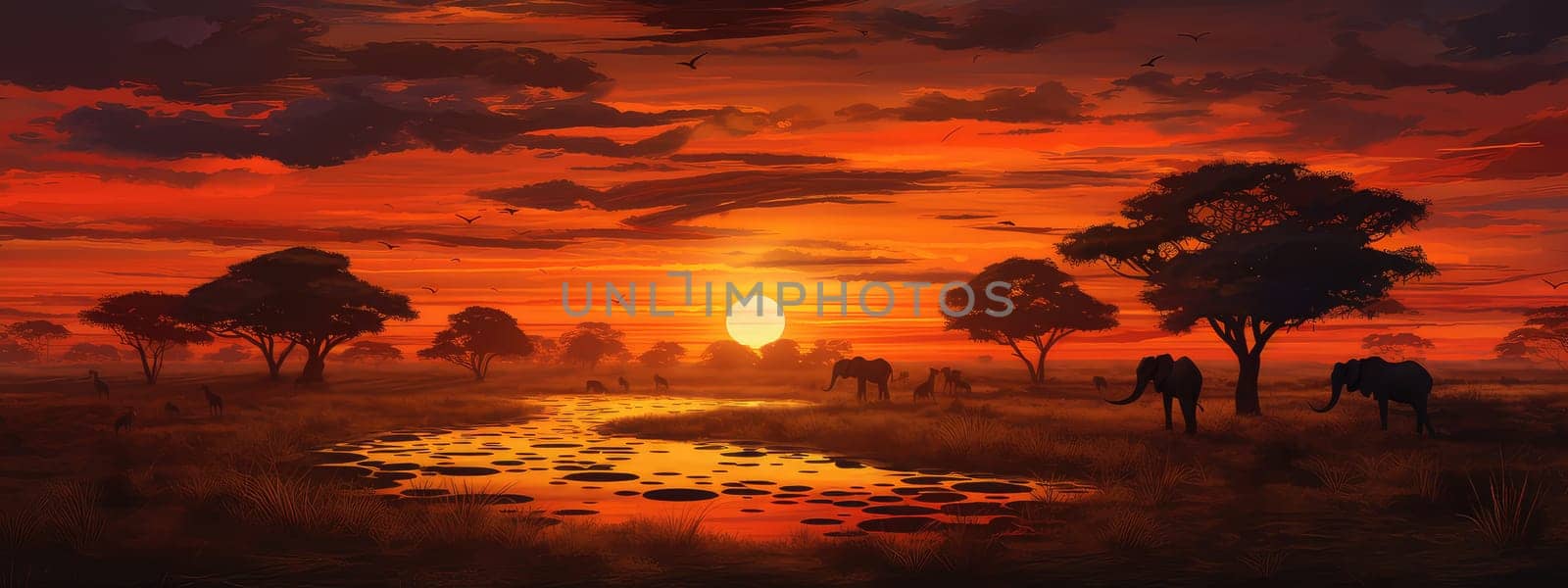 Wild savannah at sunset photo realistic illustration - Generative AI. by simakovavector