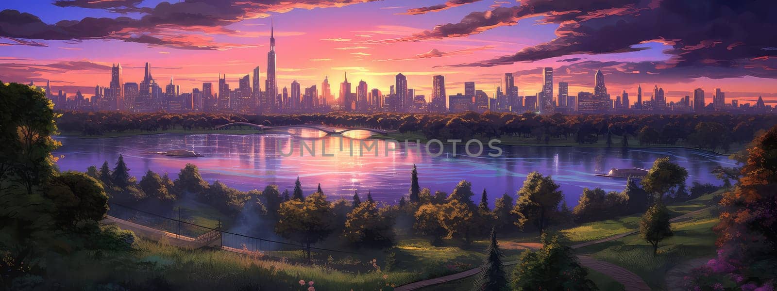 Bustling urban park at twilight photo realistic illustration - Generative AI. Twilight, city, park, violet, sky.