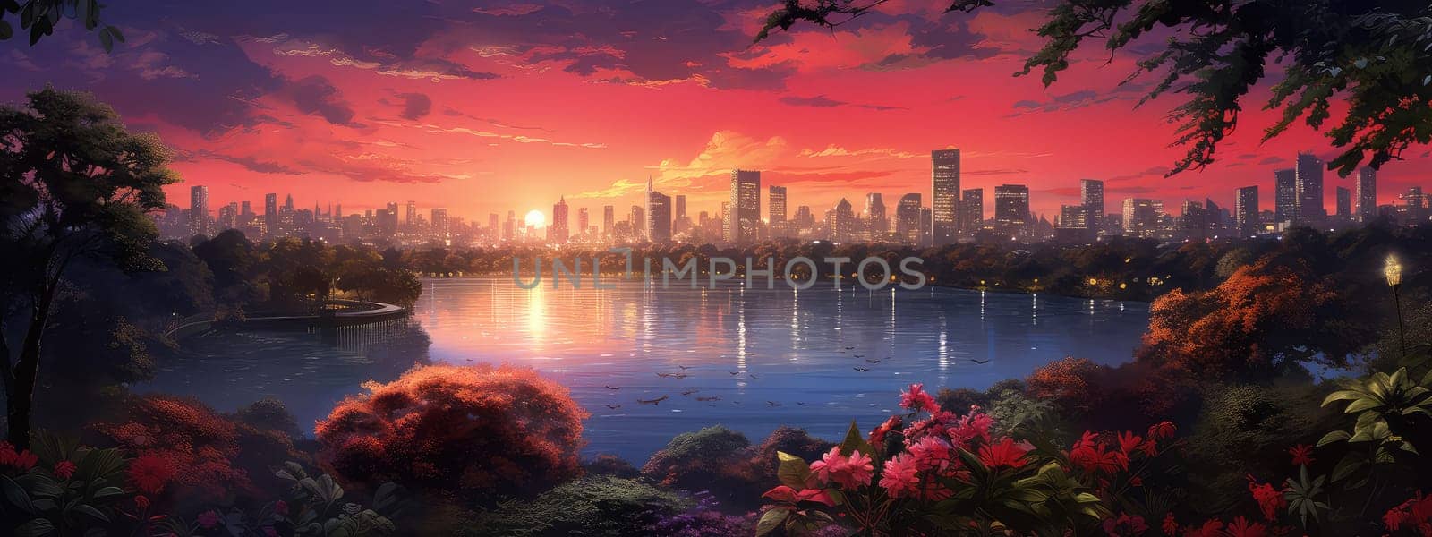Bustling urban park at twilight photo realistic illustration - Generative AI. Twilight, city, park, violet, sky.