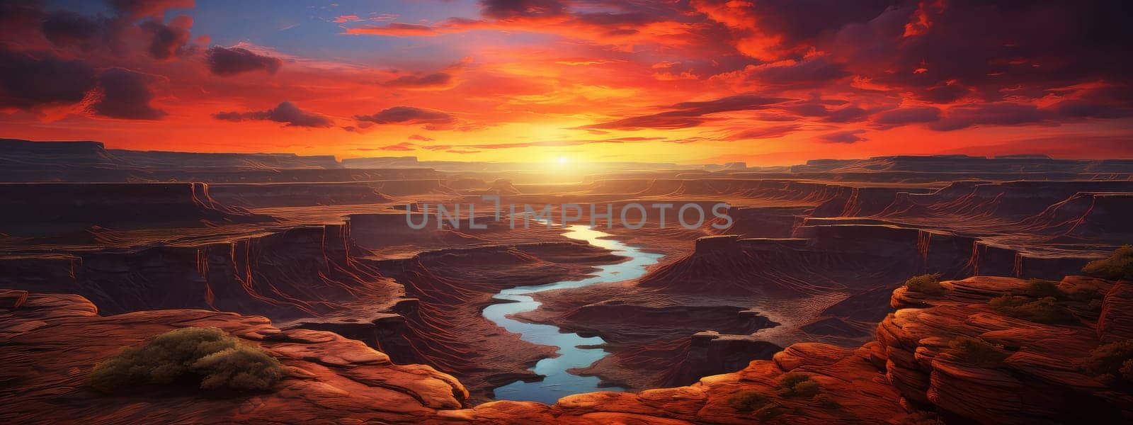Canyon at dusk photo realistic illustration - Generative AI. Canyon, dusk, red, sky.