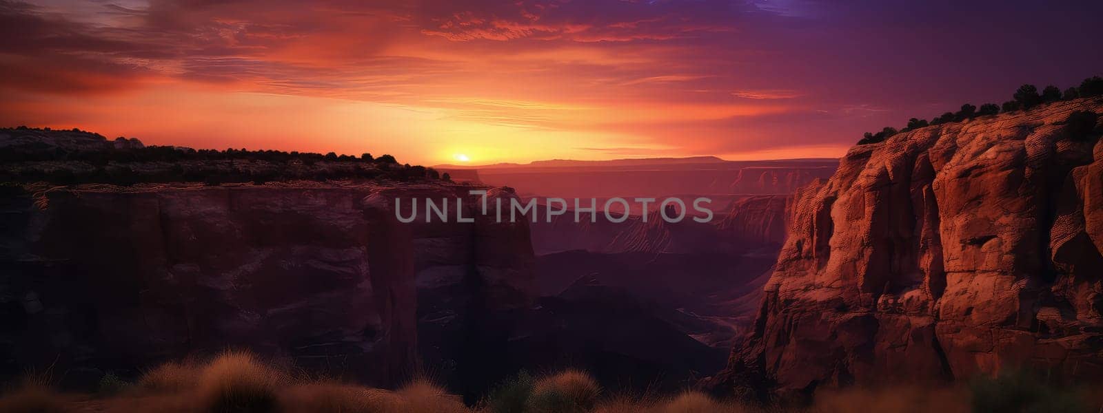 Canyon at dusk photo realistic illustration - Generative AI. Canyon, dusk, red, sky.