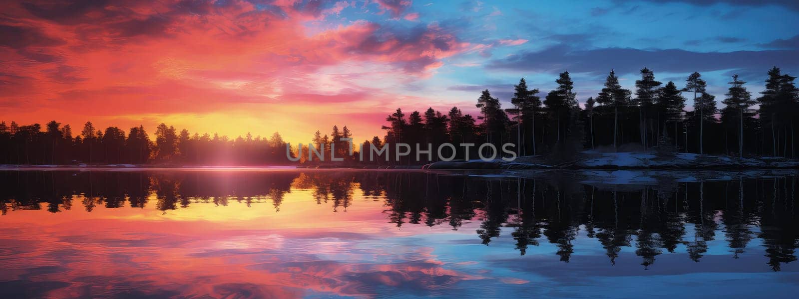 Tranquil lakeside at dusk photo realistic illustration - Generative AI. Lake, dusk, pines, red, sky.