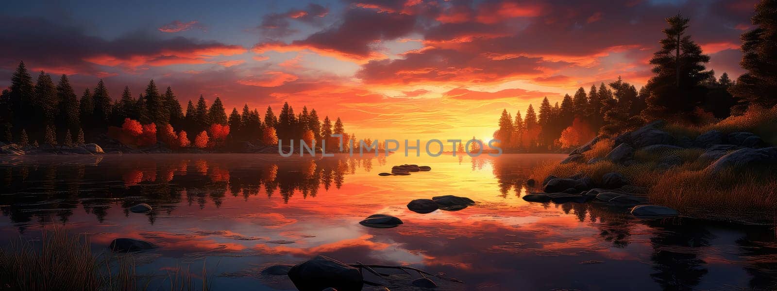 Tranquil lakeside at dusk photo realistic illustration - Generative AI. Lake, dusk, pines, red, sky.