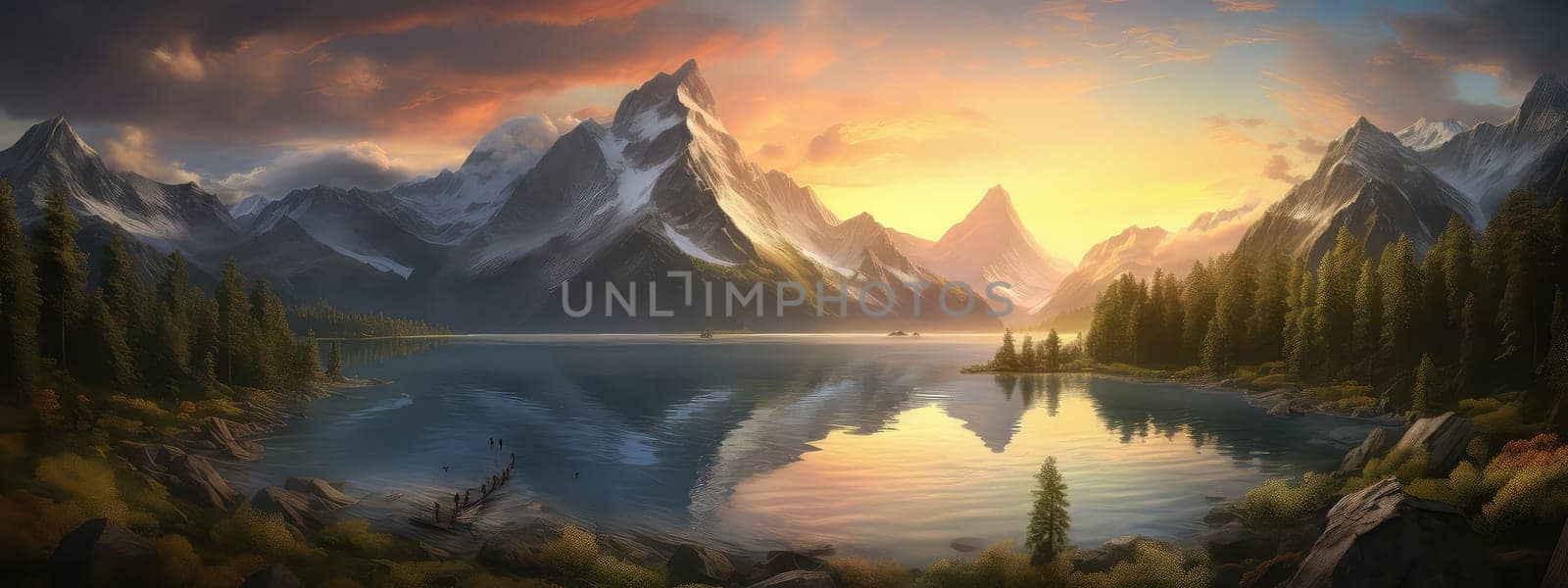 Encounter the untouched beauty photo realistic illustration - Generative AI. Snowy, mountain, lake, sunset, pines.