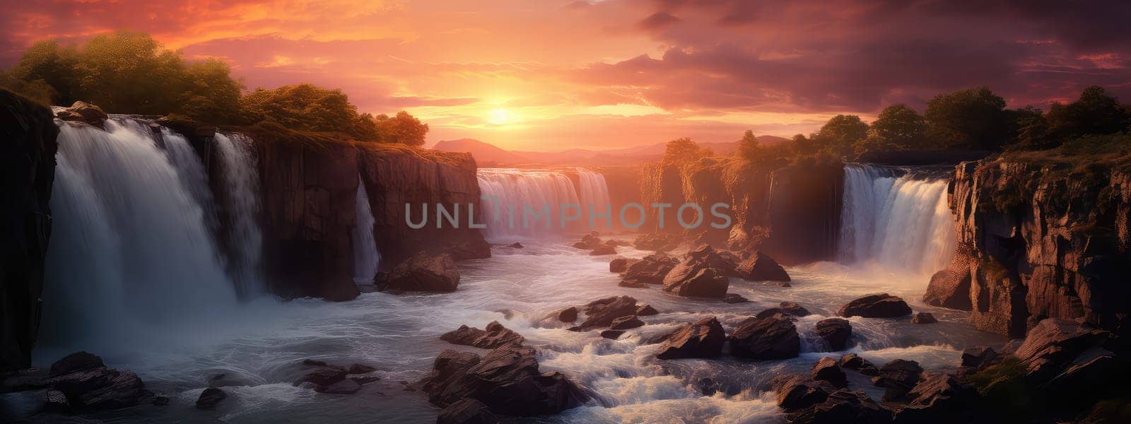 Raw power of a waterfall photo realistic illustration - Generative AI. Red, sunset, waterfall, rapid.