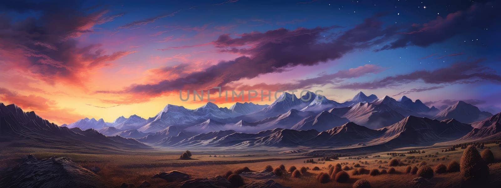 Untamed wilderness of a mountain at sunset photo realistic illustration - Generative AI. by simakovavector