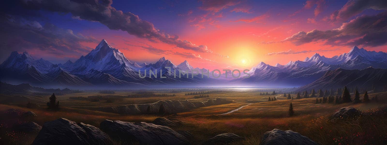 Untamed wilderness of a mountain at sunset photo realistic illustration - Generative AI. Sunset, plain, mountain, grass.