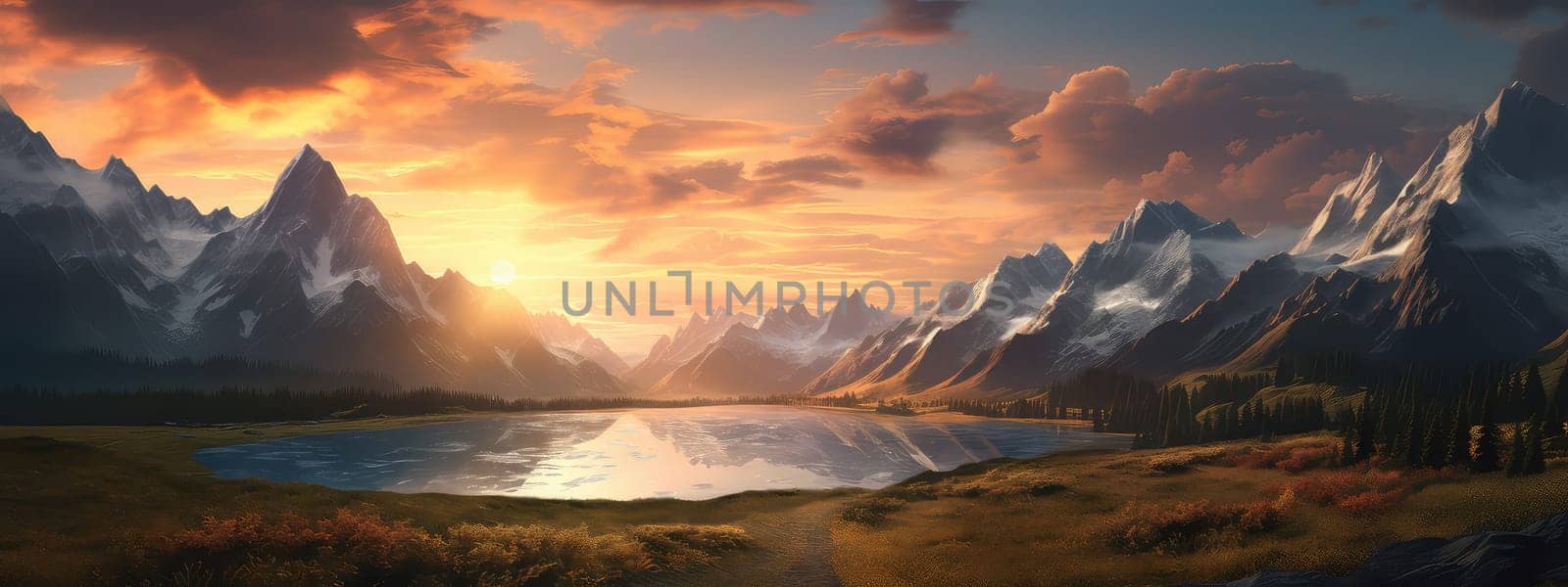 Untamed wilderness of a mountain at sunset photo realistic illustration - Generative AI. by simakovavector