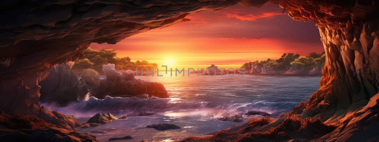 Coastal cave at sunset photo realistic illustration - Generative AI. by simakovavector