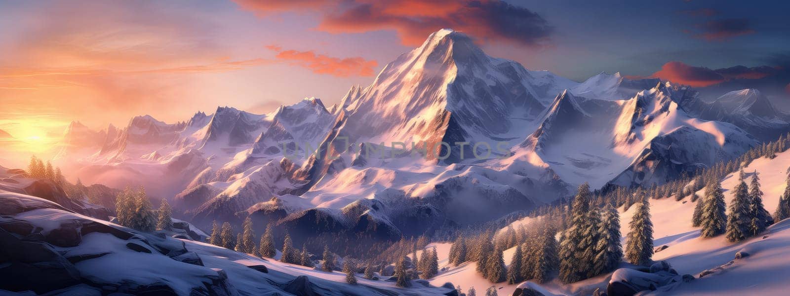 Snowy mountain range during the golden hour photo realistic illustration - Generative AI. Snowy, mountain, sunset, sky.