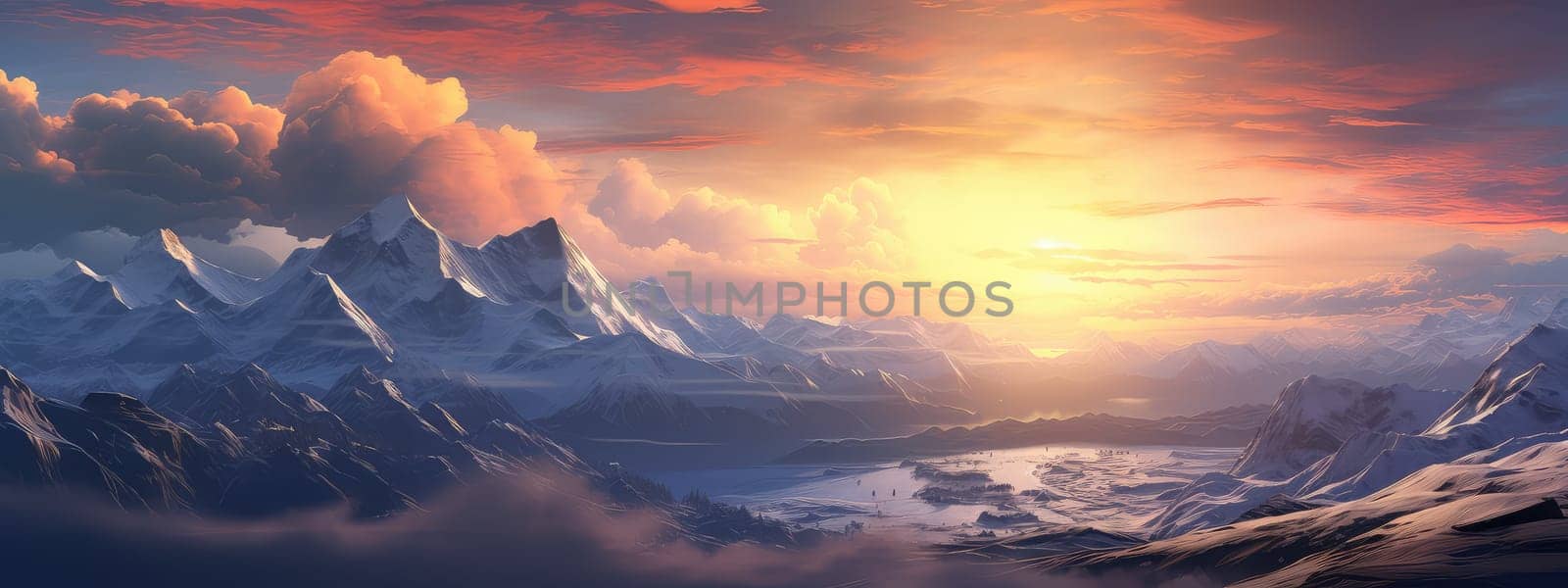 Snowy mountain range during the golden hour photo realistic illustration - Generative AI. Snowy, mountain, sunset, sky.