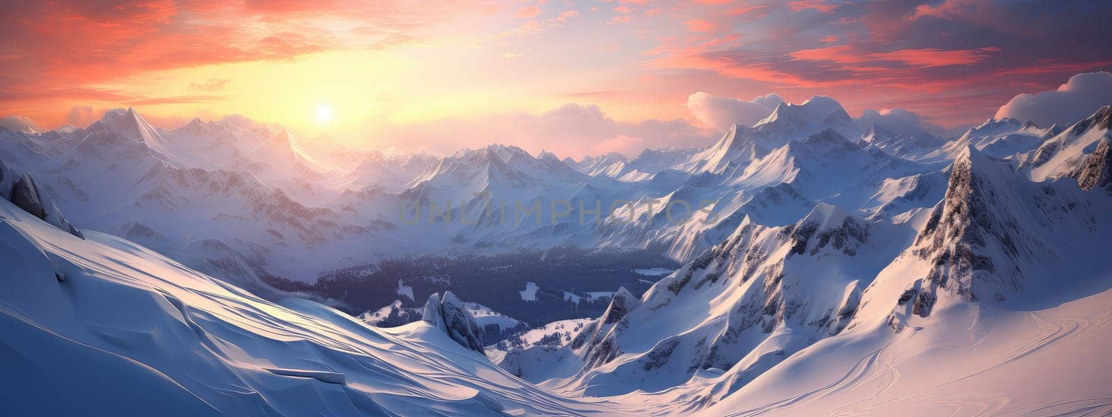 Snowy mountain range during the golden hour photo realistic illustration - Generative AI. by simakovavector
