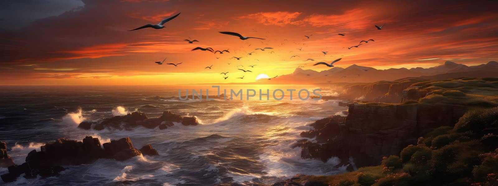 Coastline at twilight photo realistic illustration - Generative AI. by simakovavector