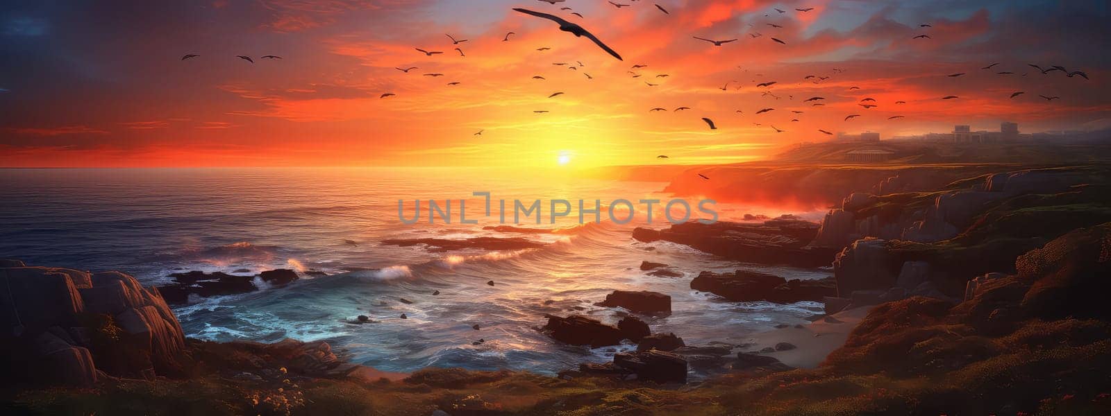 Coastline at twilight photo realistic illustration - Generative AI. Red, sky, sea, wave, birds.