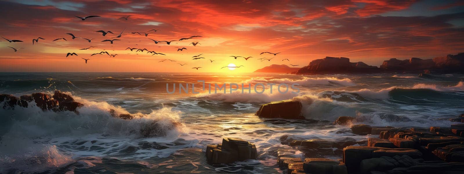 Coastline at twilight photo realistic illustration - Generative AI. Red, sky, sea, wave, birds.